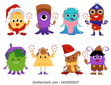 Cute monsters characters set with Christmas hats and sparklers flat vector illustration isolated on white background. Creative imaginary ogres or beasts collection.