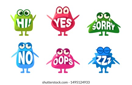 Cute Monsters Characters Set, Colorful Emojis with Words In Their Mouths, Hi, Yes, Sorry, No, Oops, Zzz Vector Illustration