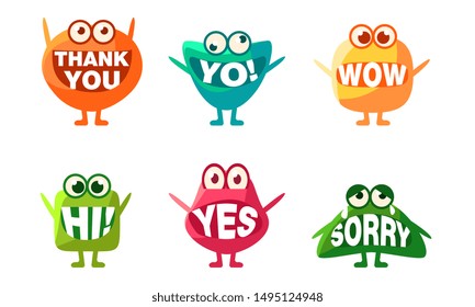 Cute Monsters Characters Set, Colorful Emojis with Words In Their Mouths, Thank You, Yo, Wow, Hi, Yes, Sorry Vector Illustration