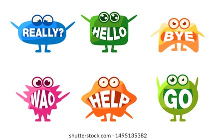 Cute Monsters Characters Set, Colorful Emojis with Words In Their Mouths, Really, Hello, Bye, Wao, Help, Go Vector Illustration