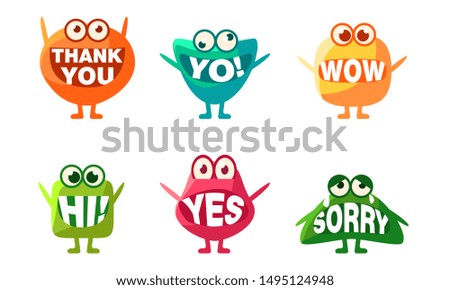 Cute Monsters Characters Set, Colorful Emojis with Words In Their Mouths, Thank You, Yo, Wow, Hi, Yes, Sorry Vector Illustration