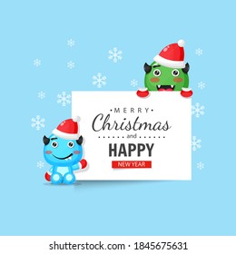 Cute monsters with Christmas and New Year greeting cards