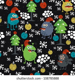 Cute monsters and Christmas seamless pattern. Vector texture.