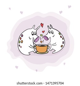 Cute monsters with coffee Cup, lovers, vector illustration, hand drawing for your design. Children's style. Notebooks, postcards, labels, diaries, accessories-school, stickers, t-shirts, banners