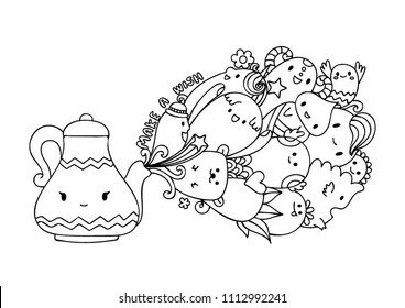 Cute monsters coming out of magic lamp with the phrease MAKE A WISH design for pinted tee, wallpaper art and coloring book page. Vector illustration