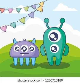 cute monsters couple in the field