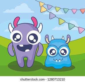 cute monsters couple in the field