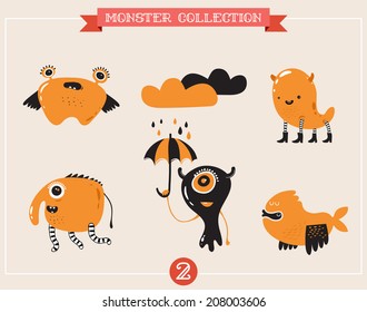 monstruos lindos, criaturas, frikis, garabatos, conjunto de ilustraciones vectoriales