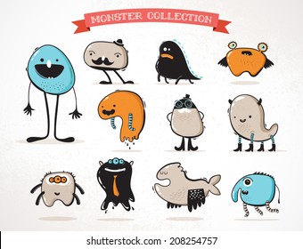 cute monsters, creatures, freaks, doodles, set of vector illustrations