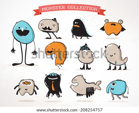 cute monsters, creatures, freaks, doodles, set of vector illustrations