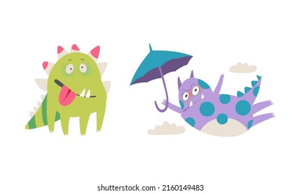 Monstruos adorables en diferentes acciones. Gracioso personaje monstruo toothy volando con ilustración vectorial de paraguas