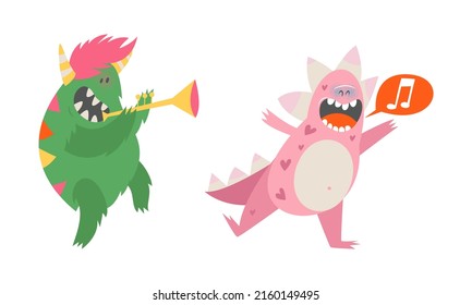 Cute monsters in different actions set. Funny toothy monster characters playing trumpet and singing cartoon vector illustration