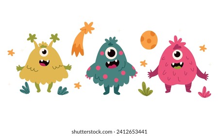 Hermosos monstruos con diferentes emociones. Ilustración vectorial sobre fondo blanco.