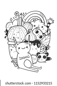 Cute monsters. Doodle coloring page. Hand drawn vector illustration