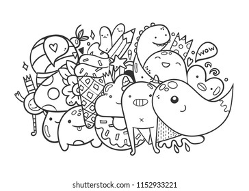 Cute monsters. Doodle coloring page. Hand drawn vector illustration