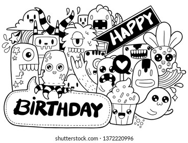 Cute monsters doodle vector pattern illustrations with happy moment,Happy birthday. Freehand drawing cartoon.