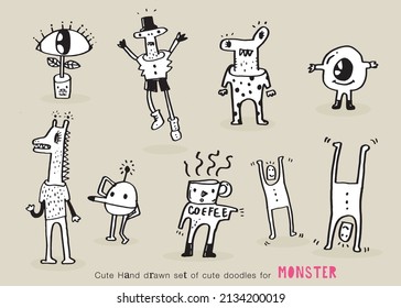 Cute monsters doodles.Cute monsters doodles,funny cool monsters, aliens or fantasy animals for children coloring books or t-shirts. Hand drawn line art cartoon vector illustration.
