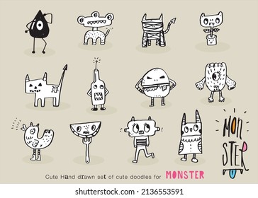 Cute monsters doodles.Cute monsters doodles,funny cool monsters, aliens or fantasy animals for children coloring books or t-shirts. Hand drawn line art cartoon vector illustration.