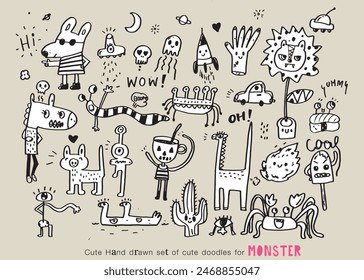 Nette Monster Doodles.Nette Monster Doodles, lustige coole Monster, Aliens oder Fantasietiere für Kinder Malbücher oder T-Shirts. Handgezeichnete Linie Kunst Cartoon Vektorillustration.