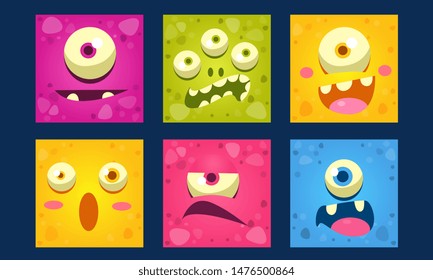 Cute Monsters Emoticons Set, Colorful Mutant Emojis with Funny Faces Vector Illustration