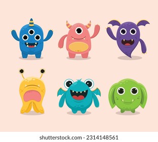 Cute monsters expressing nine different emotions on a pastel background