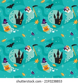 Cute monsters flying on night about castle. Kids Halloween party. Seamless pattern.
