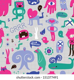 Cute monsters and freaks. Seamless background. Set 8. Vector illustration