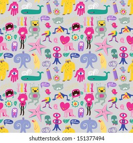 Cute monsters and freaks. Seamless background. Set 7. Vector illustration