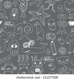 Cute monsters and freaks. Seamless background. Set 9. Black-white. Vector illustration