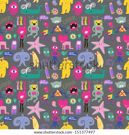 Cute monsters and freaks. Seamless background. Set 6. Vector illustration