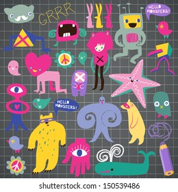 Cute monsters and freaks. Set 1. Vector illustration