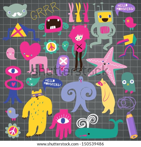Cute monsters and freaks. Set 1. Vector illustration