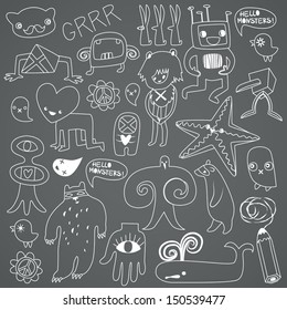 Cute monsters and freaks. Set 3. Black-white. Vector illustration