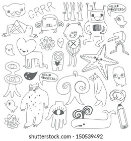 Cute monsters and freaks. Set 4. Black-white. Vector illustration