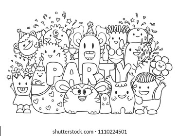 Cute monsters and friends in the party for printed tee, wall sticker and coloring book page for kids. Vector illustration