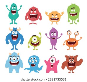 Cute monsters. Fun colored characters with faces and teeth. Children illustrations of monsters. Vector illustration
