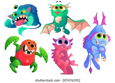 Cute monsters, funny alien animals with teeth, wings, horns and fur. Vector cartoon set of little scary creatures, small ugly beasts smile, laughing and angry isolated on white background