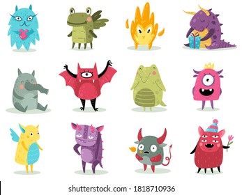 Cute monsters. Funny fabulous incredible creatures with smiles and goofy faces, cartoon alien, gremlins dragons and devil spooky creatures halloween characters design for print, sticker vector set