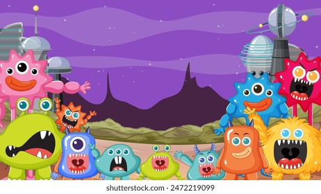 Cute monsters in a futuristic alien landscape