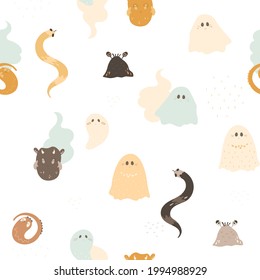Cute monsters and ghosts, seamless pattern. Kids print with mystic, spooky and paranormal creatures. Funny creepy characters and snake. Halloween vector illustration.