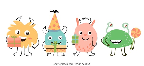 Cute monsters with gift box - for holiday banner. Vector illustration can used for banner, baby birthday background, greeting card, posters.