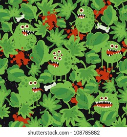 Cute monsters in the grass seamless pattern. Vector texture.