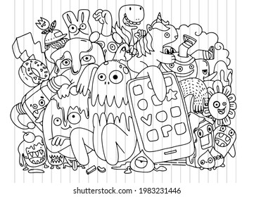 Cute  Monsters group ,Set of funny cute monsters, aliens or fantasy animals for gretting card or t-shirts. Hand drawn line art cartoon vector illustration