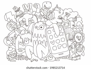 Cute  Monsters group ,Set of funny cute monsters, aliens or fantasy animals for gretting card or t-shirts. Hand drawn line art cartoon vector illustration