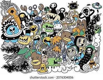 Cute  Monsters group ,Set of funny cute monsters, aliens or fantasy animals for gretting card or shirts. Hand drawn line art cartoon vector illustration