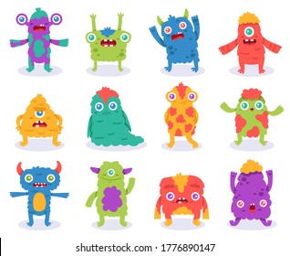 Cute monsters. Halloween cartoon monsters characters, funny fluffy creature, gremlin or alien, spooky monsters mascots vector illustration. Fluffy comic creature mascot, happy smile alien