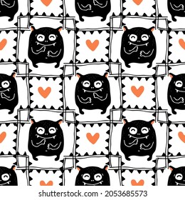 Cute monsters. Halloween characters vector illustration. Flat design. Seamless pattern for banner, wallpaper, wrapping paper, fabric.