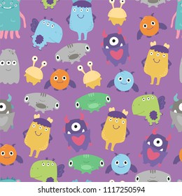 Cute monsters hand drawn cartoon poster. Vector illustration seamless pattern for fabric, textile, cards, posters, t-shirts, invitations, baby shower, birthday, room decor.