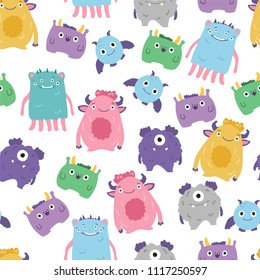 Cute monsters hand drawn cartoon poster. Vector illustration seamless pattern for fabric, textile, cards, posters, t-shirts, invitations, baby shower, birthday, room decor.