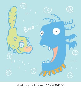 Cute monsters and hand lettering. Funny cartoon monsters illustration. Hand drawn vector doodle design for girls, boys, kids. 